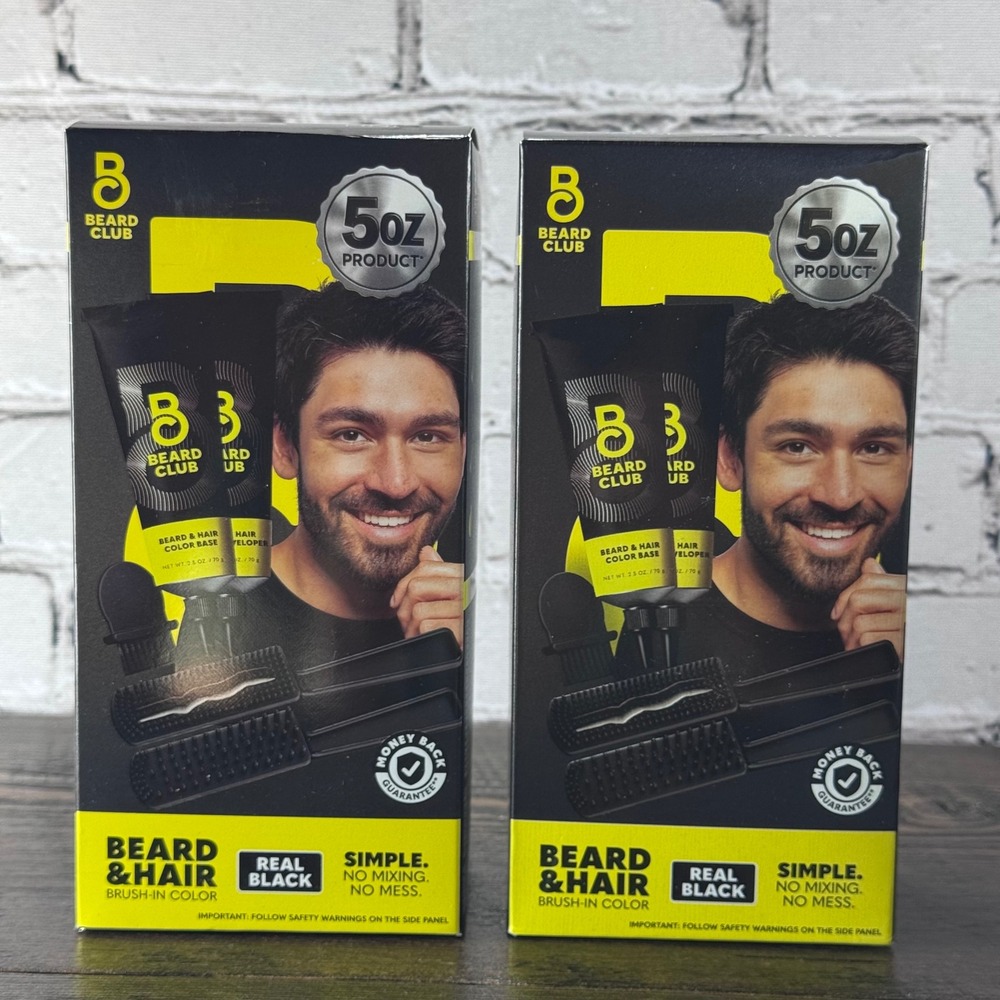 The Beard Club Beard & Hair Brush-In Color Mens 5oz Real Black NEW 2 Pack Kit